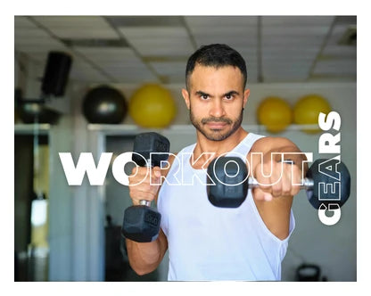 Man lifting weights in a gym, promoting men's workout gear from Eternal Gleams