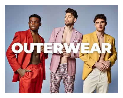 Three men in colorful blazers and pants, showcasing trendy outerwear from Eternal Gleams