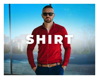 Fashion-forward man in a classic red shirt from Eternal Gleams Men's Collection