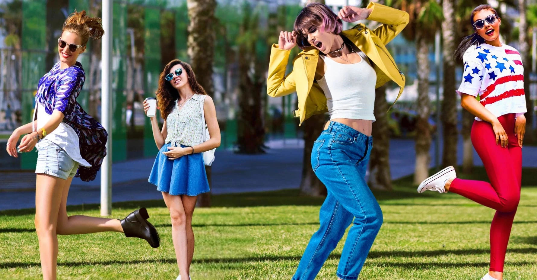 Eternal Gleams fashion collection featuring four women in trendy tops and bottoms, enjoying a sunny day outdoors. From left to right: the first woman jumps in a blue and white patterned top, denim shorts, and black ankle boots. The second woman smiles in sunglasses, a sleeveless floral top, a blue skirt, and white sneakers while holding a coffee cup. The third woman strikes a playful pose in a yellow jacket, white crop top, blue jeans, and white sneakers. The fourth woman, on the right, wears sunglasses, a 