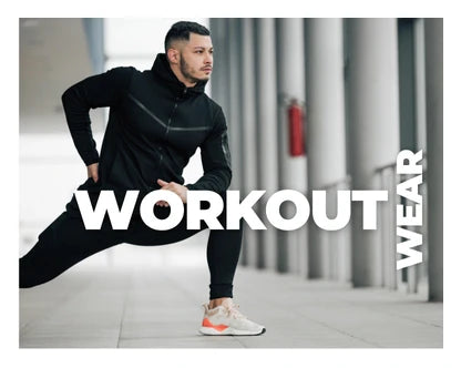 Man in black athletic wear stretching indoors, highlighting the Eternal Gleams Workout Wear Collection